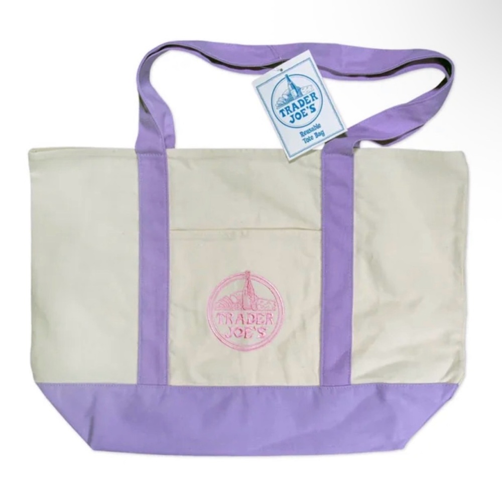 Trader Joe's large Cream and Lavender Canvas Tote